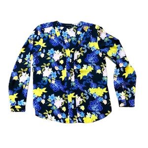 Banana Republic Sz S Floral Paisley V Neck Blouse Navy Yellow Purple Chiffon L/S